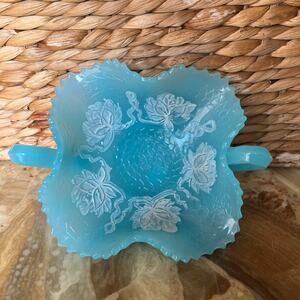 Ice Blue Two Handled Bowl with White Flower Accents
